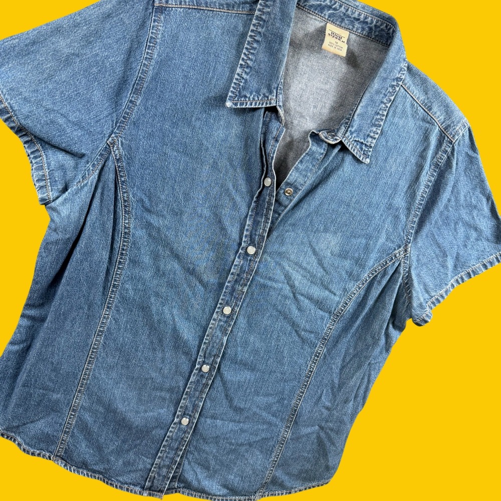 Vintage High Sierra Denim Button Down Shirt Women 1X Plus Short Sleeve Western